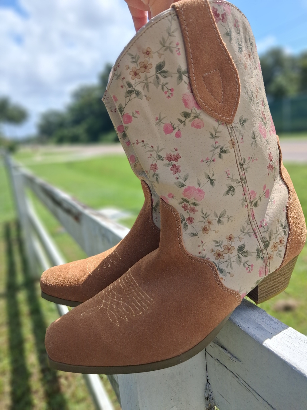 Stuart Weitzman Tan Suede & Cream Floral Western Ankle Boots